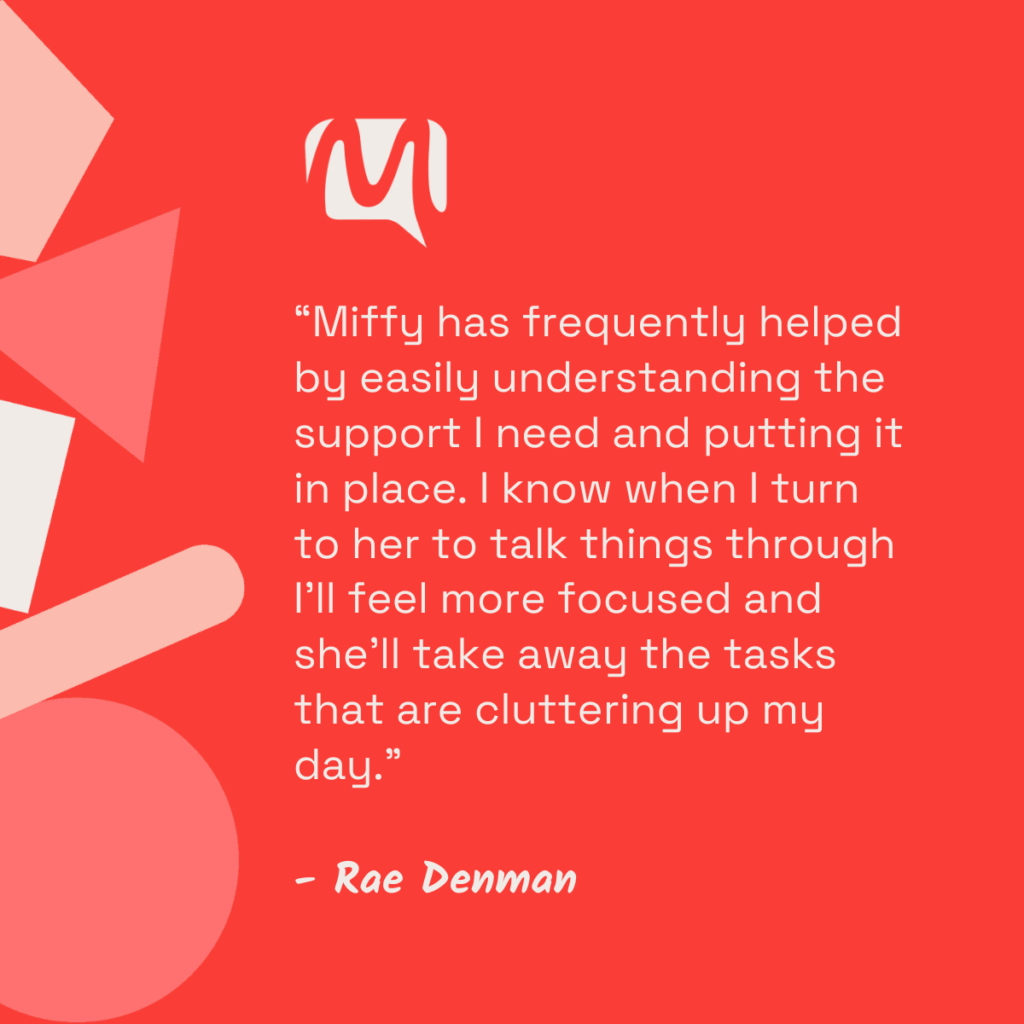 Red background with client testimonial stating how Miffy's support has enabled them to stay more focused on their business