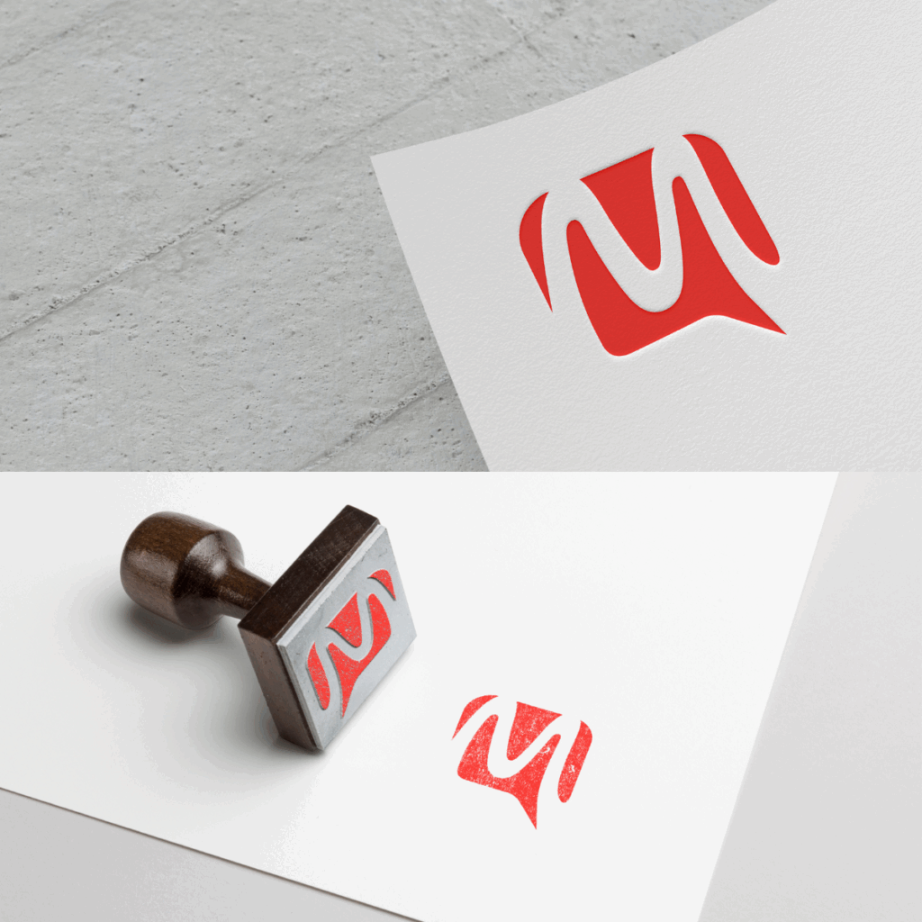 stamp with an M in a speech bubble
